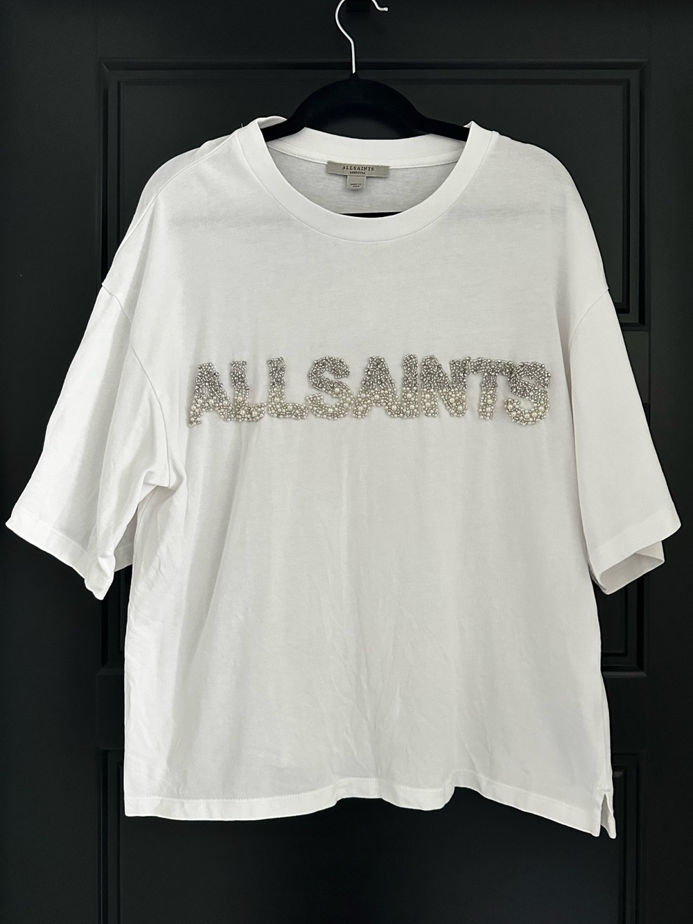 ALL SAINTS White Embellished Logo Oversized Tee, size Medium